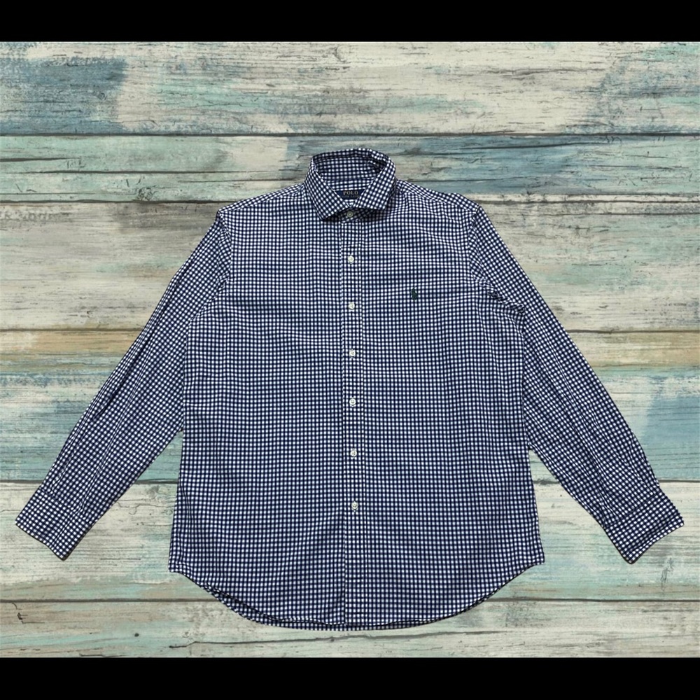 MENS LARGE Polo Ralph Lauren White Blue Plaid Dress Shirt Green Pony Logo